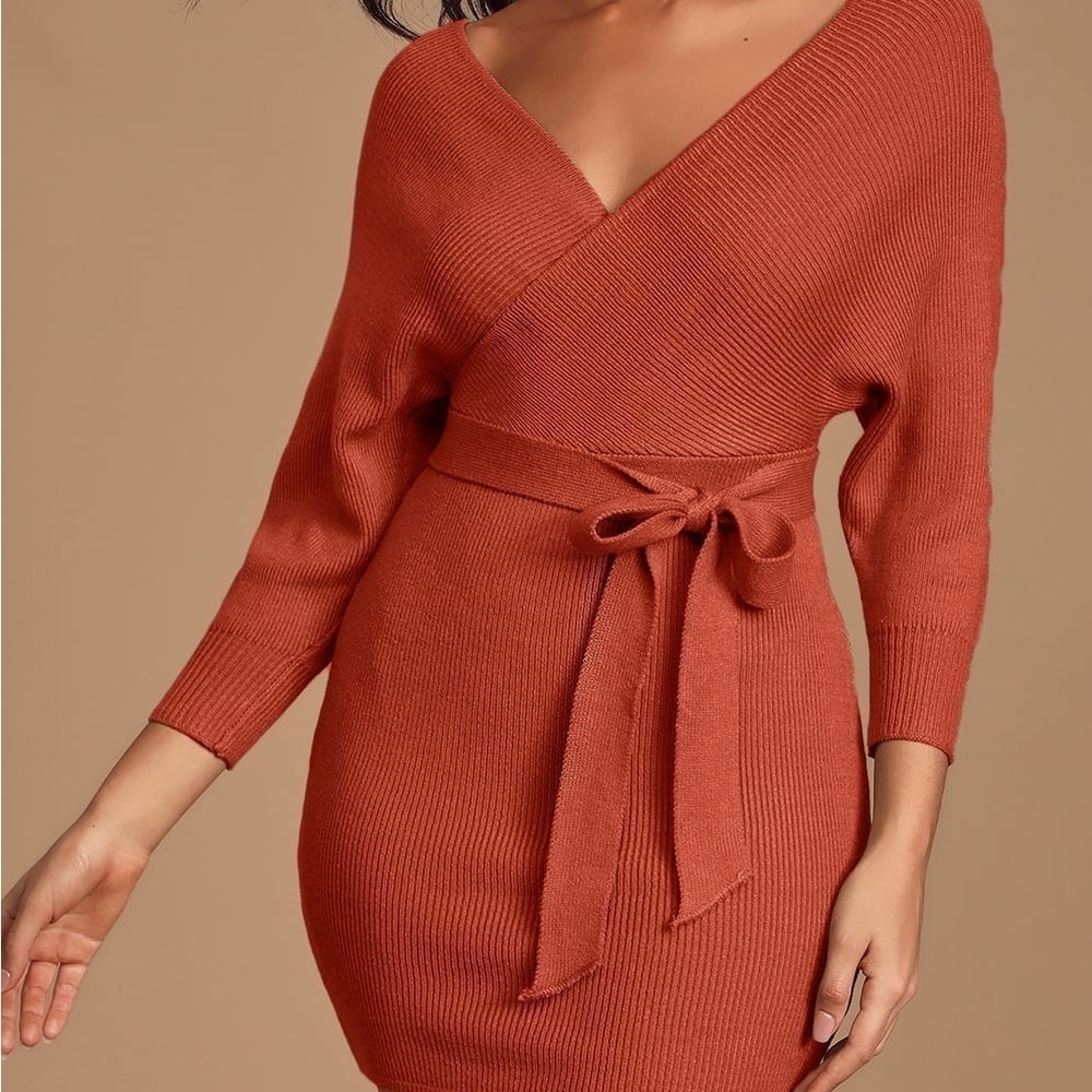 LULU’S Modena Rust Brown Dolman Sleeve Bodycon Sweater Dress - Picture 1 of 4